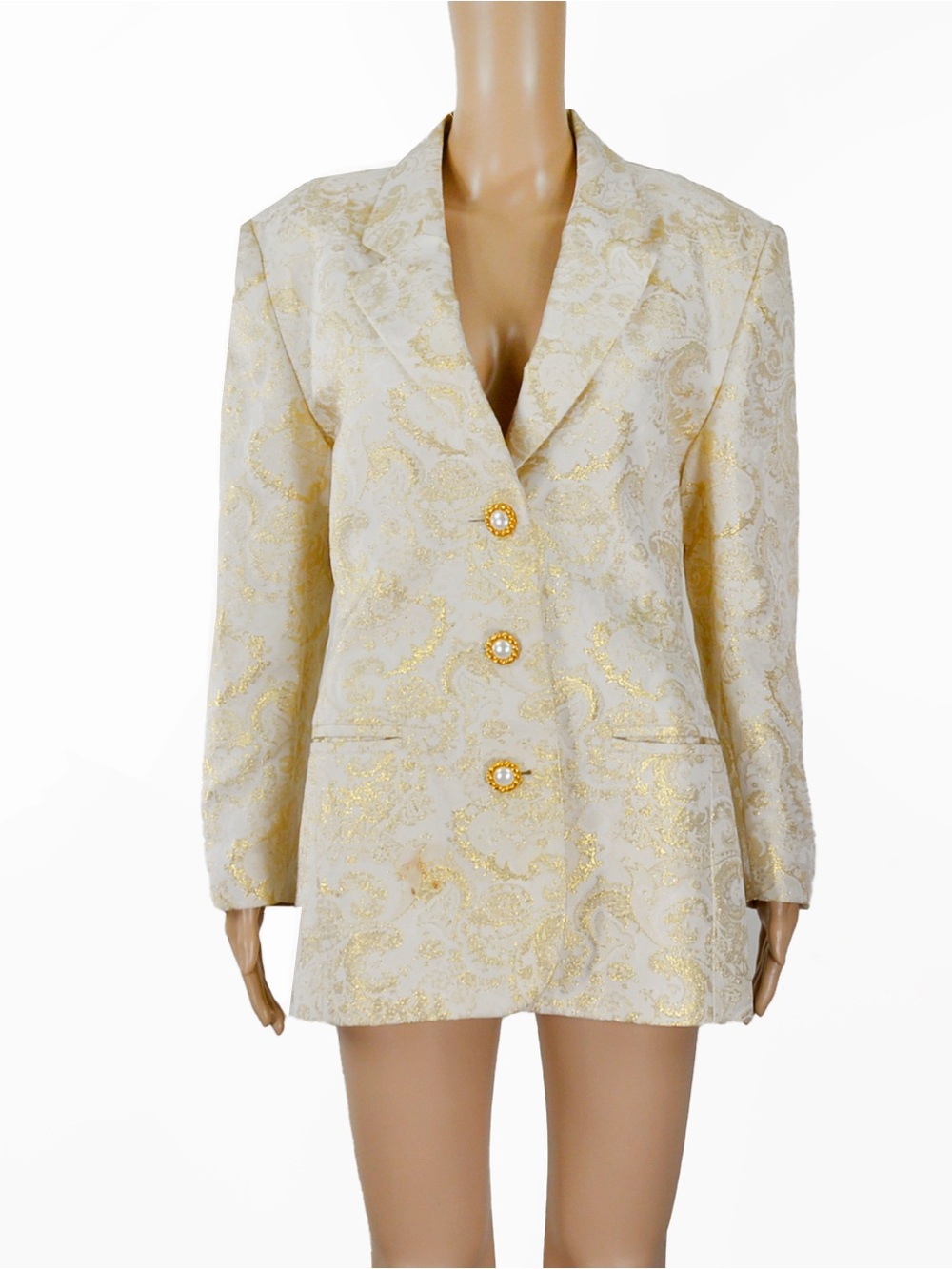 Vintage MONDI Gold Metallic Brocade Blazer Jacket Cream Damask Pearl Buttons 80s